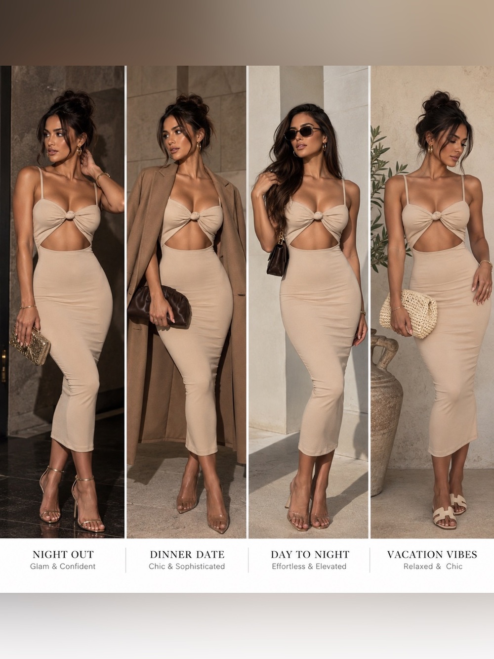NEW JLUXLABEL Beige Midnight Memories Fitted Knot Cut Out Midi Dress